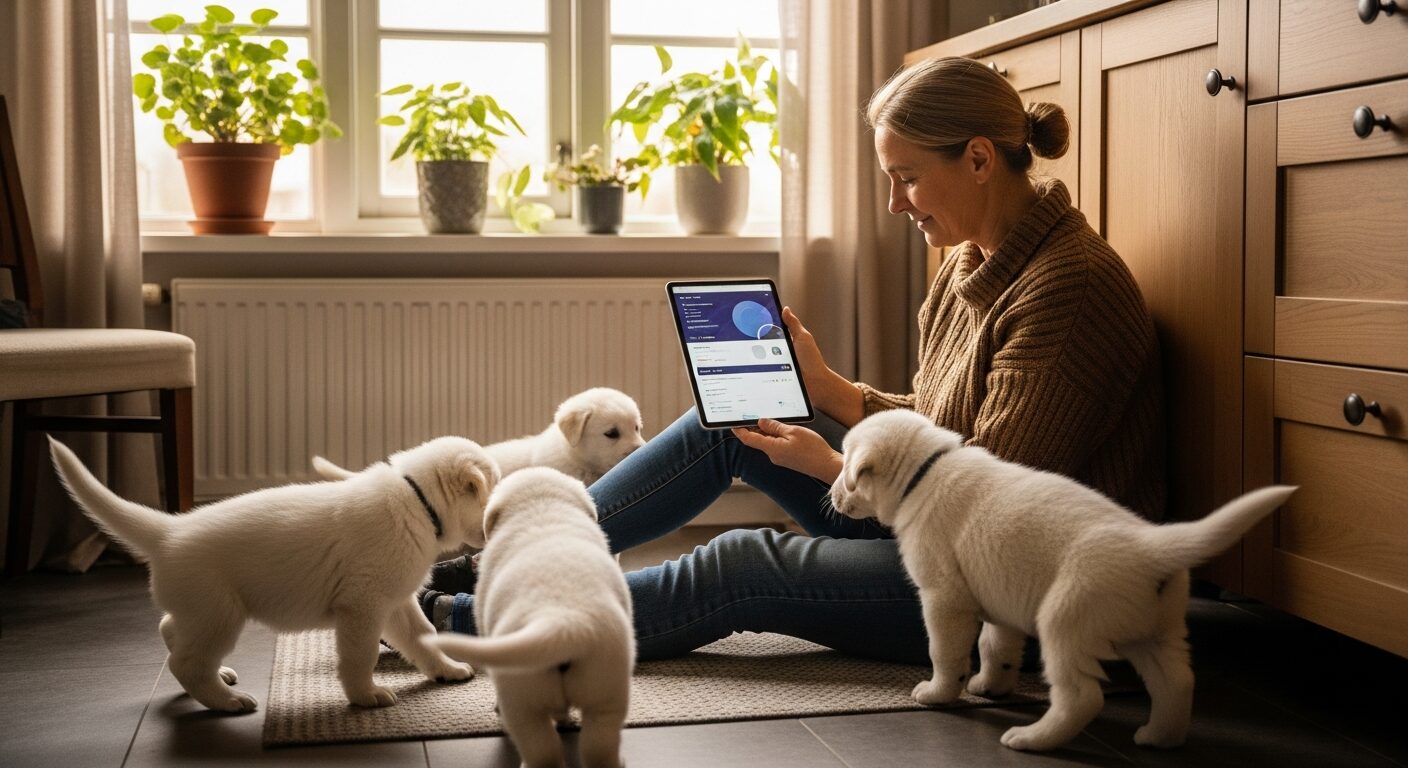 Portée de chiots et données d’élevage consultées sur tablette