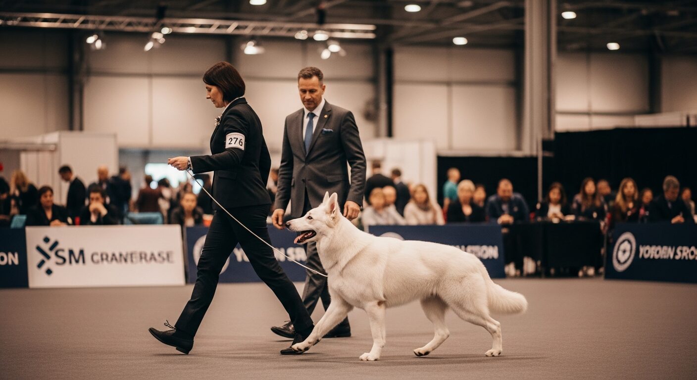 Chien présenté sur un ring d’exposition canine