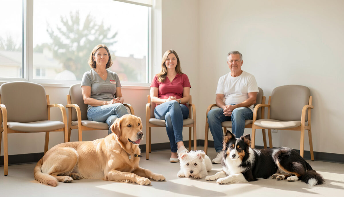 Salle d'attente lumineuse d'une clinique vétérinaire, trois propriétaires assis, un golden retriever, un petit terrier blanc et un border collie couchés à leurs pieds